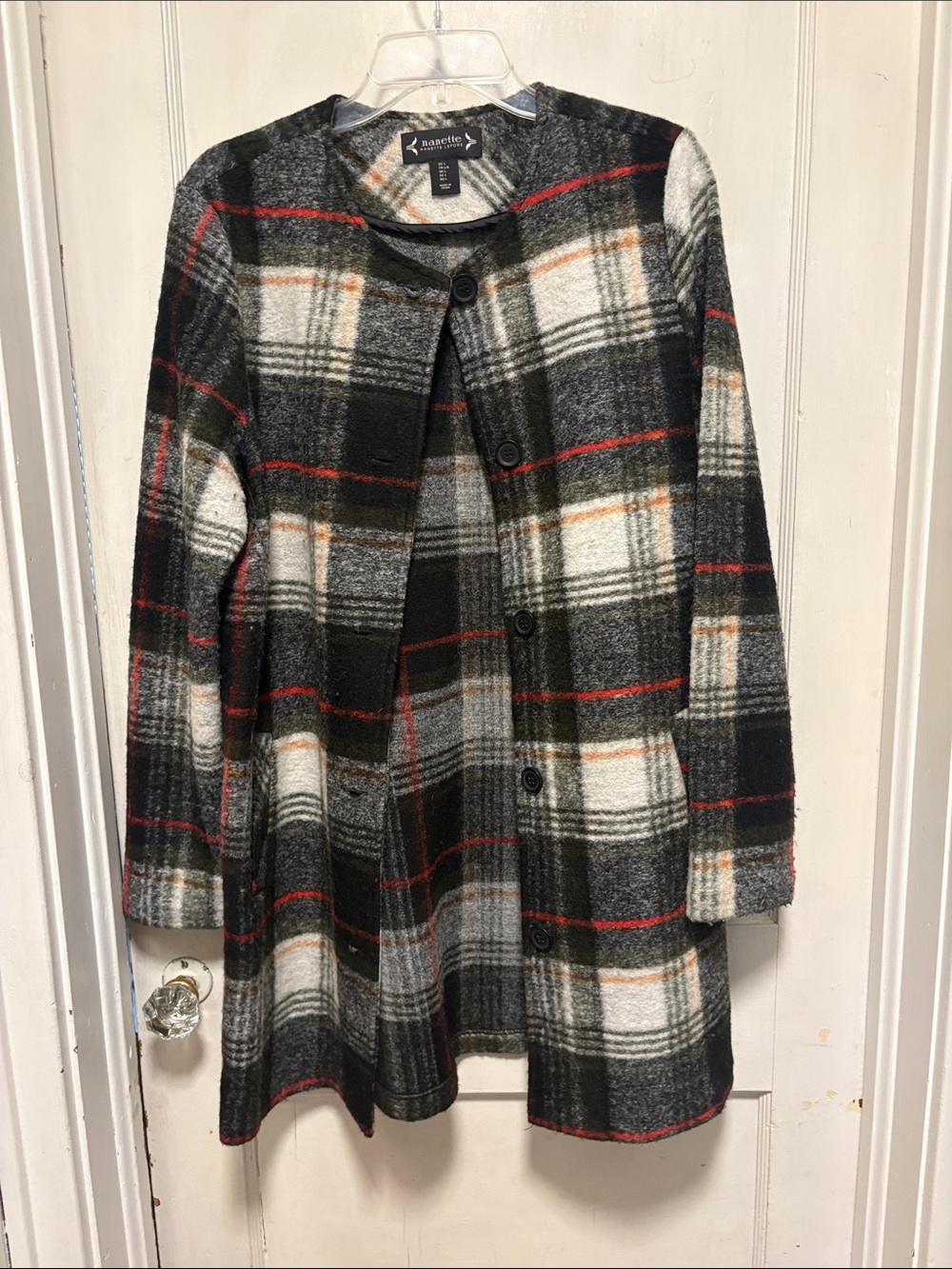 Nanette Lepore Wool Blend Black, White, Red & Tan Plaid Button-Front Coat Large